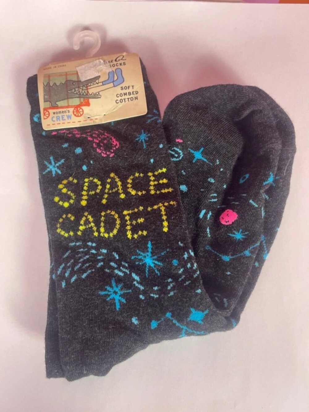 Space Cadet Funny Blue Q gray mid calf socks